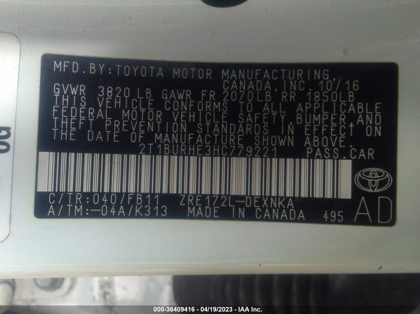 VIN 2T1BURHE3HC779221 2017 TOYOTA COROLLA L/LE/XLE/SE