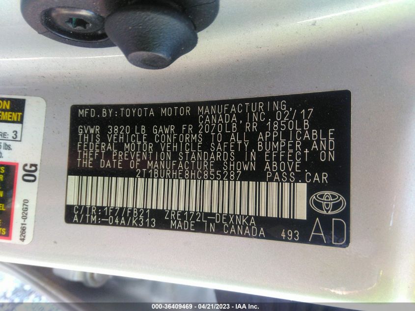 2017 TOYOTA COROLLA L/LE/XLE/SE - 2T1BURHE8HC855287