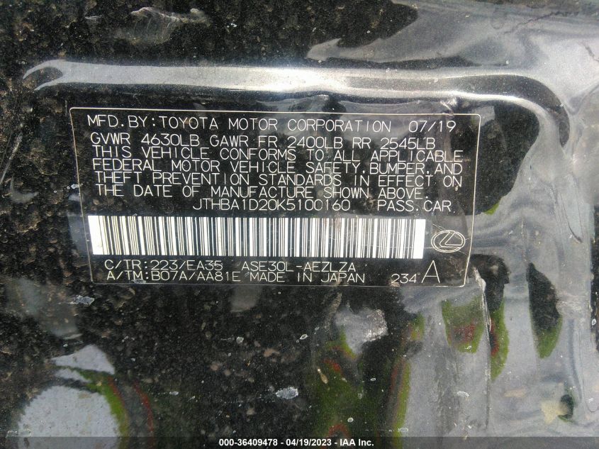 2019 LEXUS IS IS 300 - JTHBA1D20K5100160