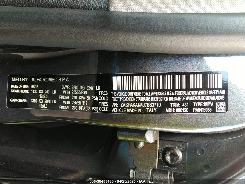 VIN ZASFAKAN4J7B83710 2018 ALFA ROMEO STELVIO