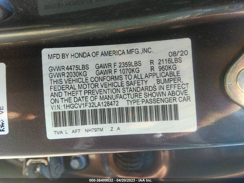 2020 HONDA ACCORD SEDAN SPORT - 1HGCV1F32LA128472