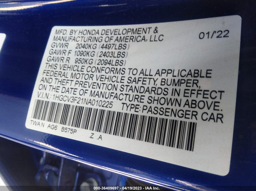 VIN 1HGCV3F21NA010225 2022 HONDA ACCORD HYBRID SPORT