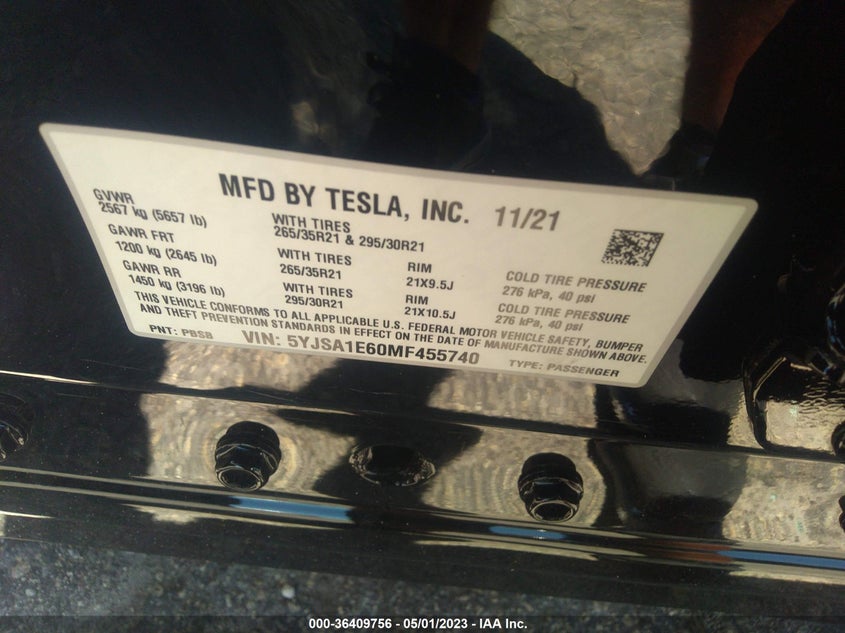 VIN 5YJSA1E60MF455740 2021 TESLA MODEL S PLAID