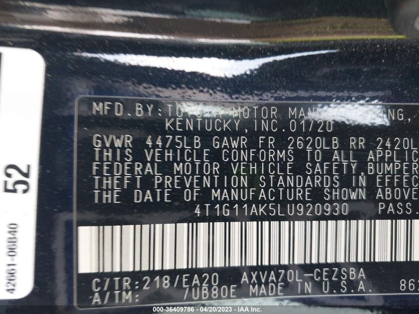 2020 TOYOTA CAMRY SE - 4T1G11AK5LU920930