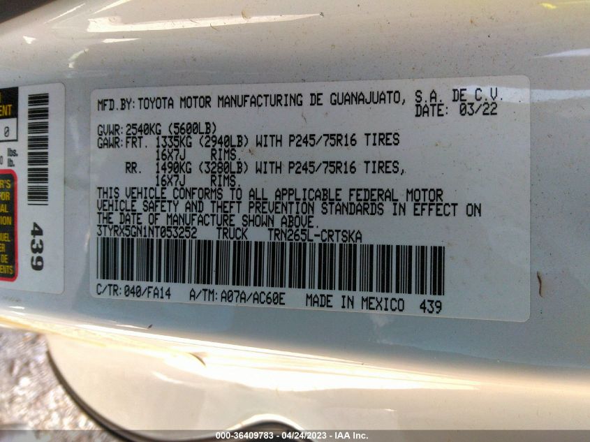 2022 TOYOTA TACOMA 2WD SR/SR5 - 3TYRX5GN1NT053252