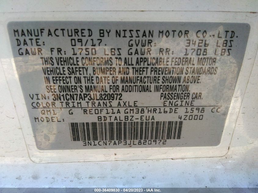 2018 NISSAN VERSA SEDAN SV - 3N1CN7AP3JL820972