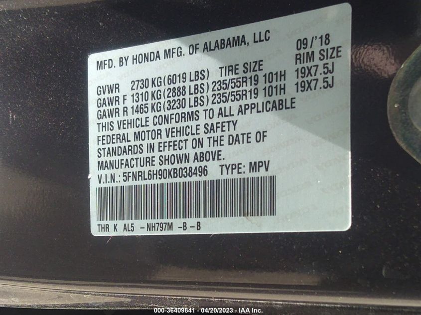 2019 HONDA ODYSSEY ELITE - 5FNRL6H90KB038496