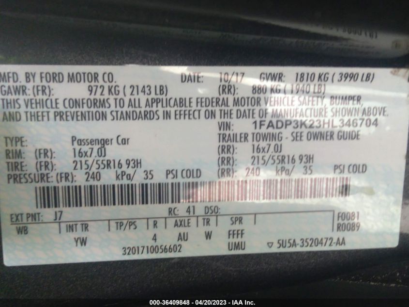 2017 FORD FOCUS SE - 1FADP3K23HL346704