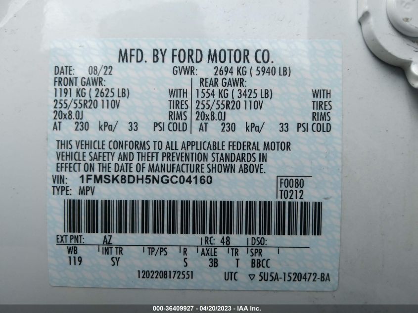 2022 FORD EXPLORER XLT - 1FMSK8DH5NGC04160