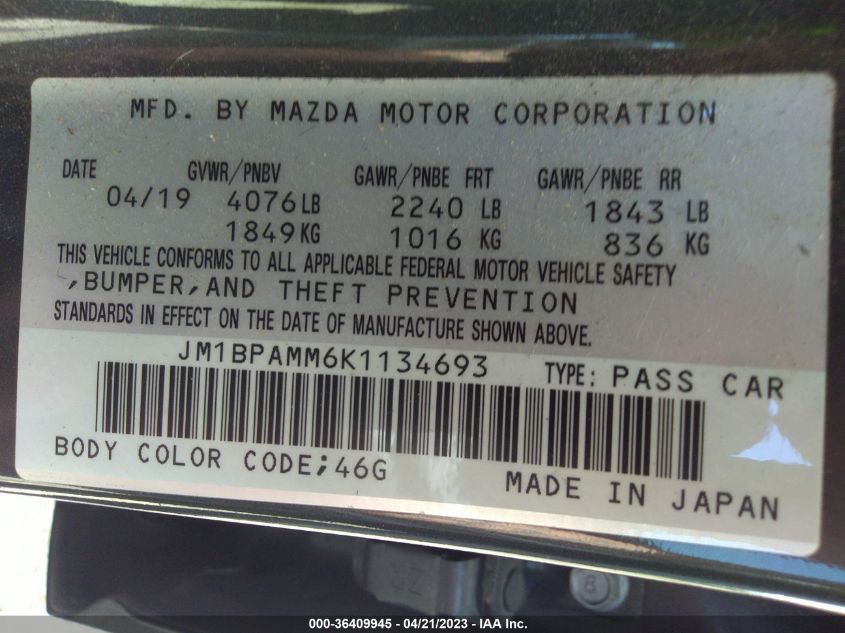 2019 MAZDA MAZDA3 HATCHBACK W/PREFERRED PKG JM1BPAMM6K1134693