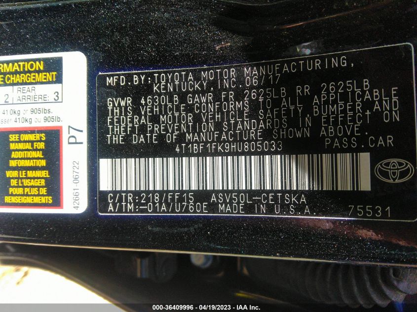 2017 TOYOTA CAMRY XLE/SE/LE/XSE - 4T1BF1FK9HU805033