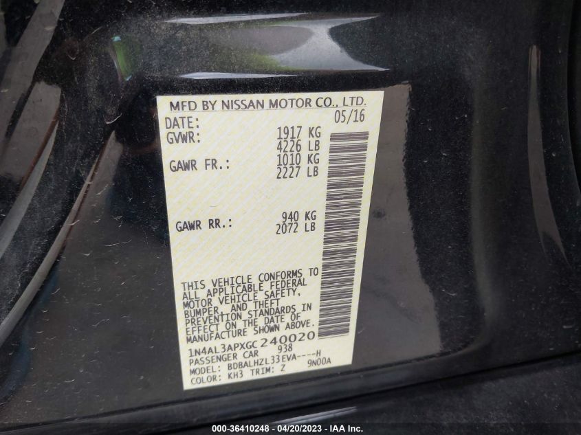 2016 NISSAN ALTIMA 2.5 SR - 1N4AL3APXGC240020