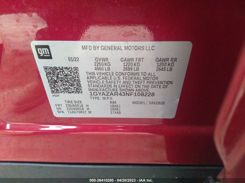 2022 CADILLAC XT4 FWD LUXURY 1GYAZAR43NF108228