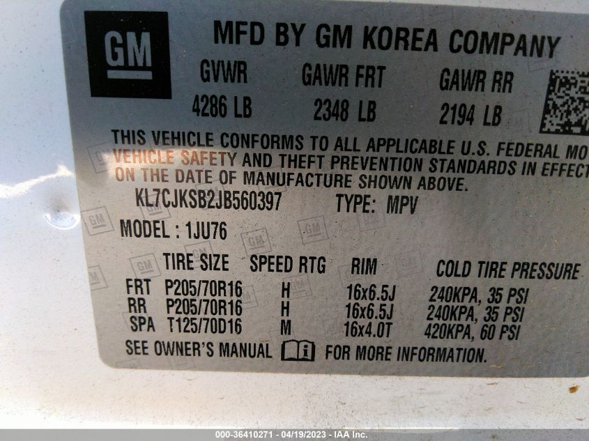 2018 CHEVROLET TRAX LS - KL7CJKSB2JB560397