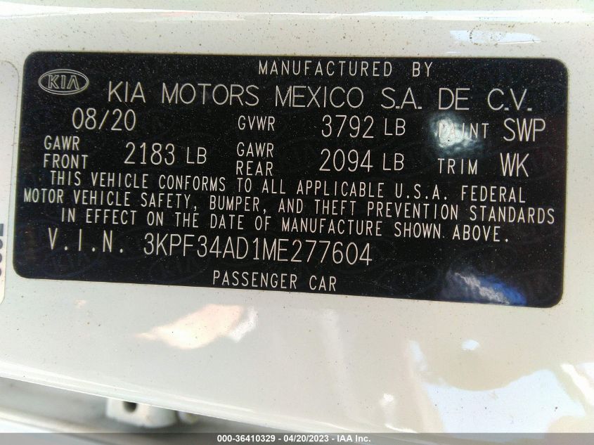 2021 KIA FORTE GT-LINE - 3KPF34AD1ME277604