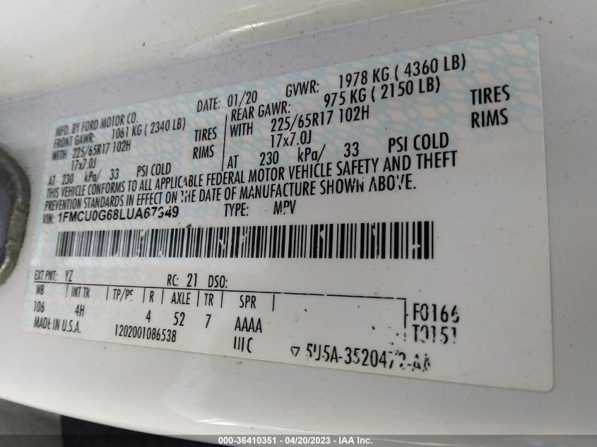 2020 FORD ESCAPE SE - 1FMCU0G68LUA67949