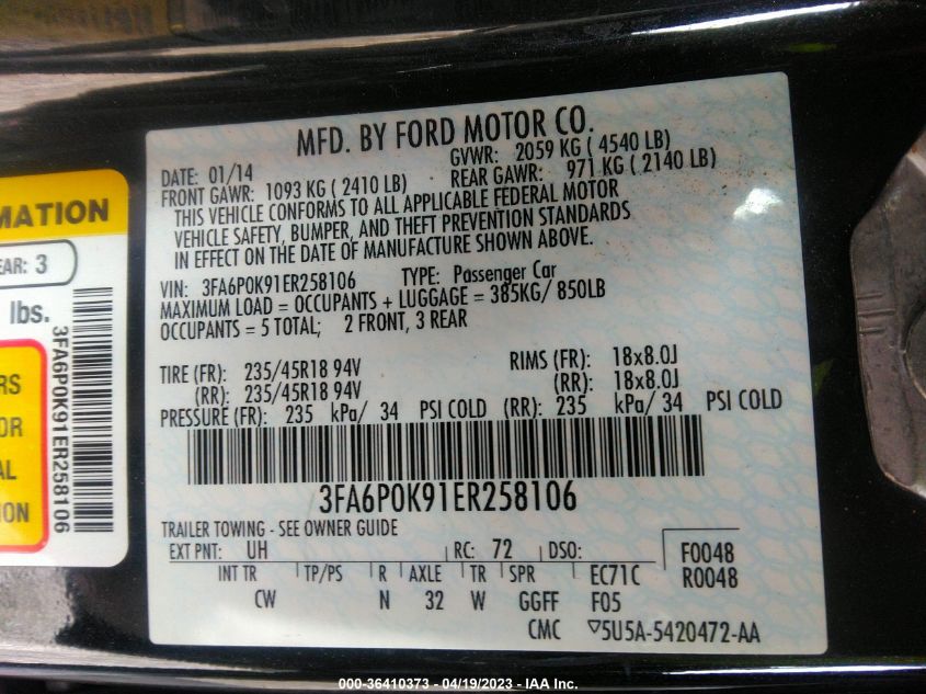 2014 FORD FUSION TITANIUM - 3FA6P0K91ER258106