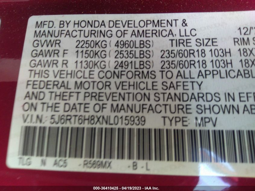 2022 HONDA CR-V HYBRID EX-L 5J6RT6H8XNL015939