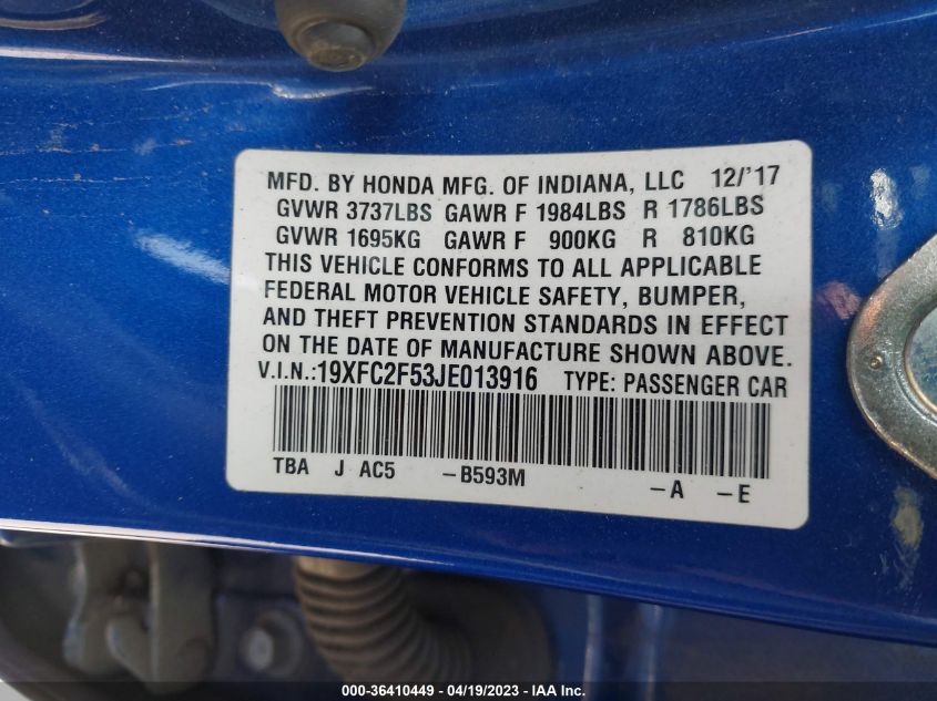 2018 HONDA CIVIC SEDAN LX - 19XFC2F53JE013916