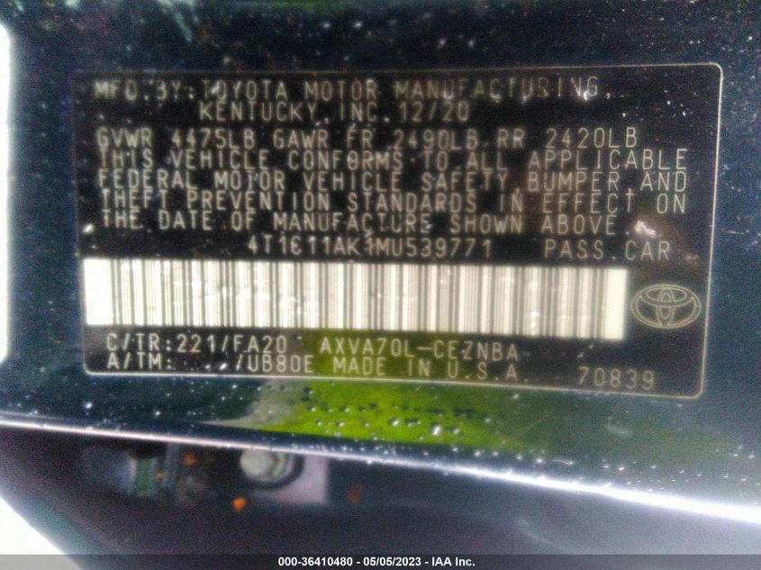 2021 TOYOTA CAMRY LE - 4T1C11AK1MU539771