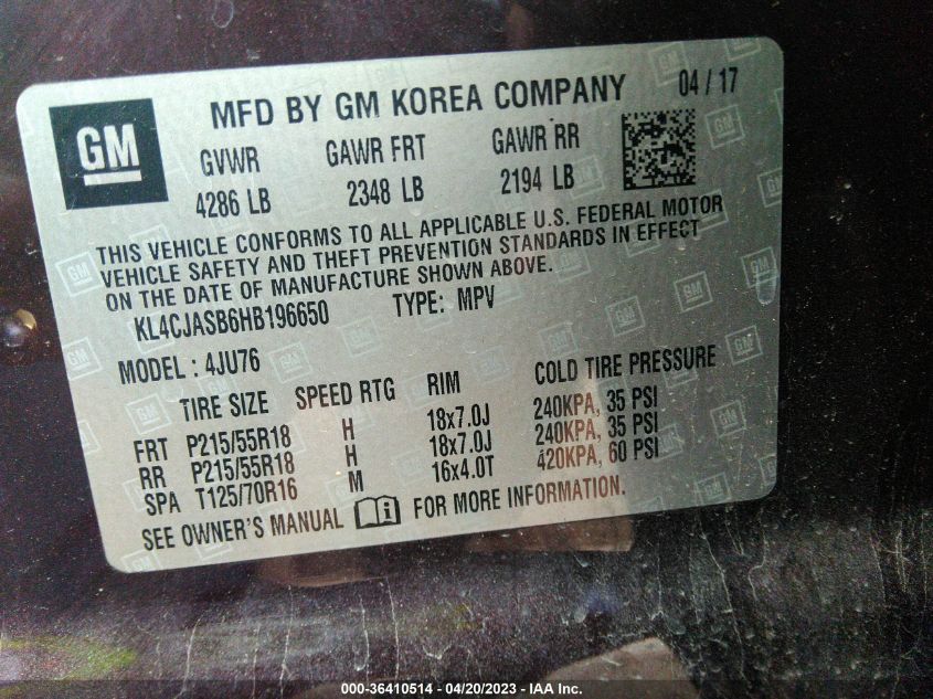 VIN KL4CJASB6HB196650 2017 BUICK ENCORE PREFERRED