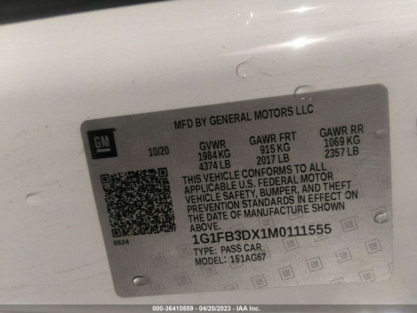 2021 CHEVROLET CAMARO 1LT - 1G1FB3DX1M0111555