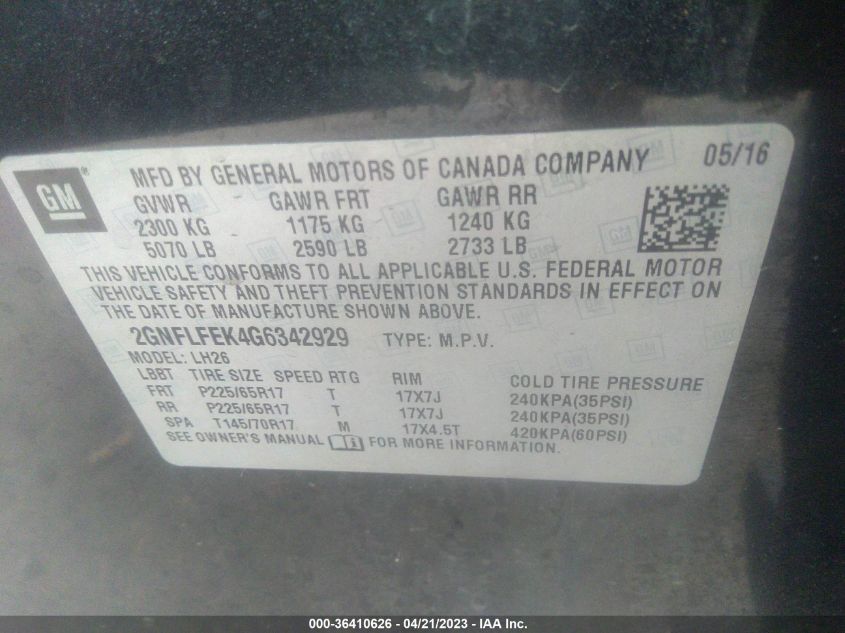 2016 CHEVROLET EQUINOX LT - 2GNFLFEK4G6342929