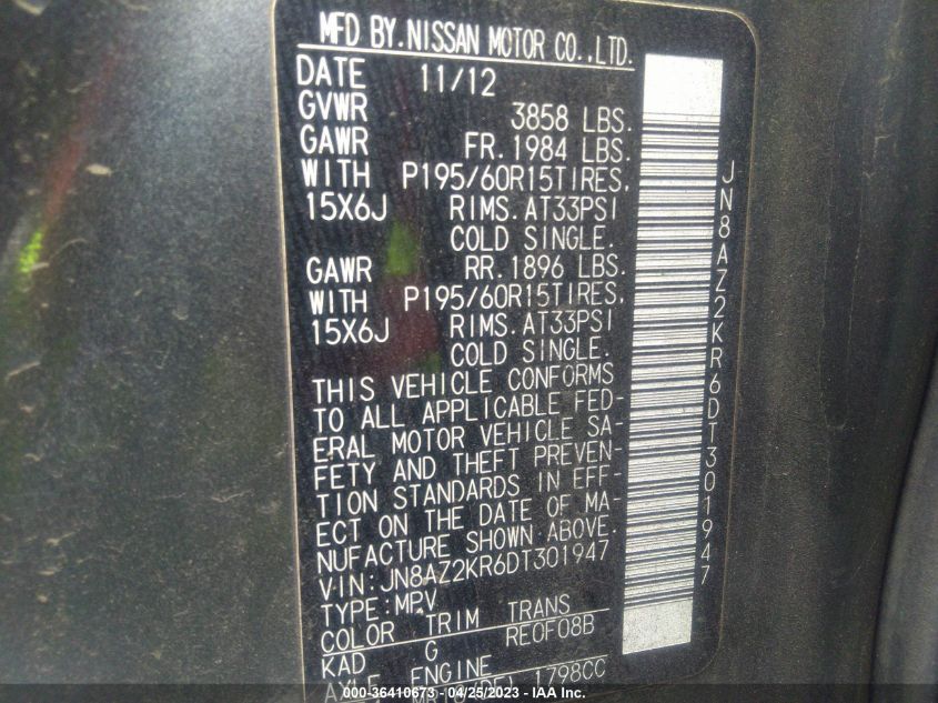 2013 NISSAN CUBE S - JN8AZ2KR6DT301947