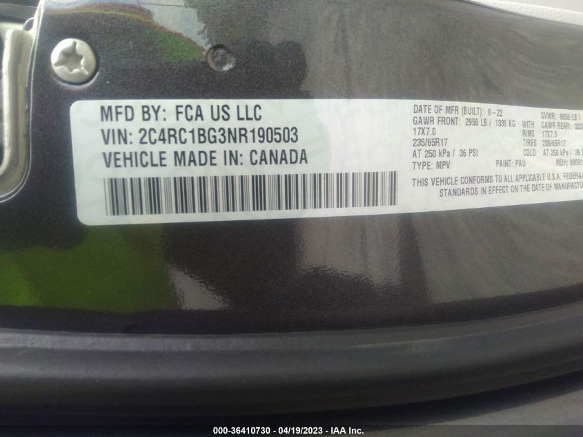 2022 CHRYSLER PACIFICA TOURING L - 2C4RC1BG3NR190503