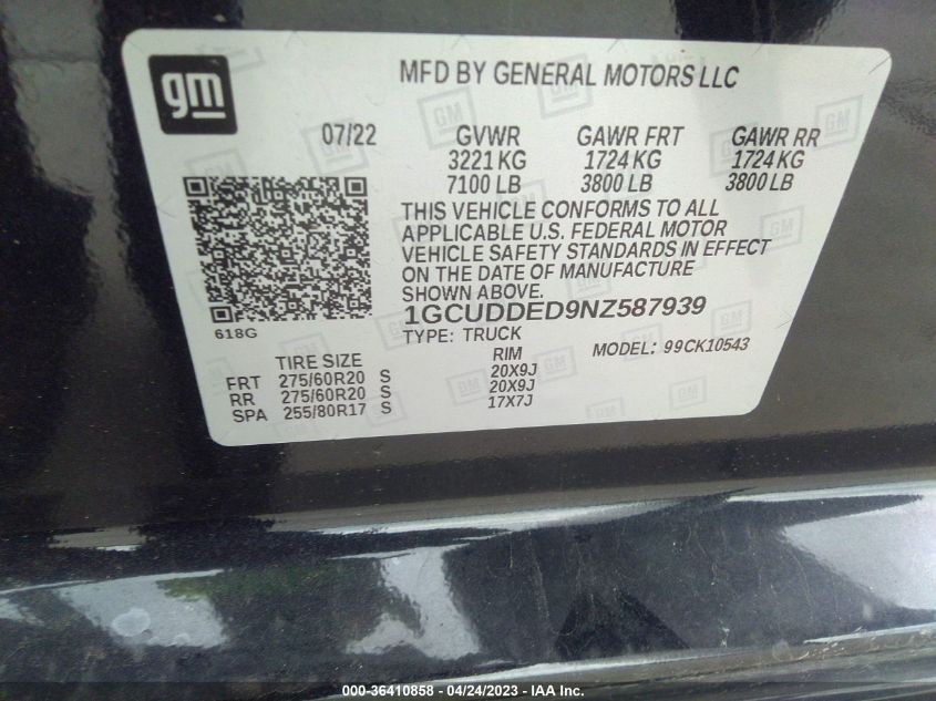 2022 CHEVROLET SILVERADO 1500 LT - 1GCUDDED9NZ587939