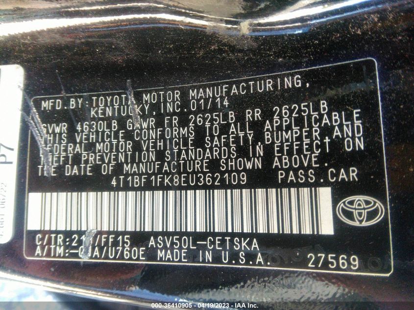 2014 TOYOTA CAMRY L/LE/XLE/SE/SE SPORT - 4T1BF1FK8EU362109