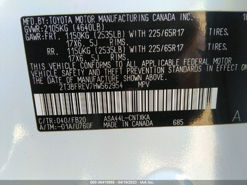 2017 TOYOTA RAV4 LE - 2T3BFREV7HW562954
