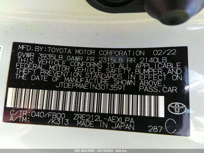 2022 TOYOTA COROLLA LE - JTDEPMAE1N3013591