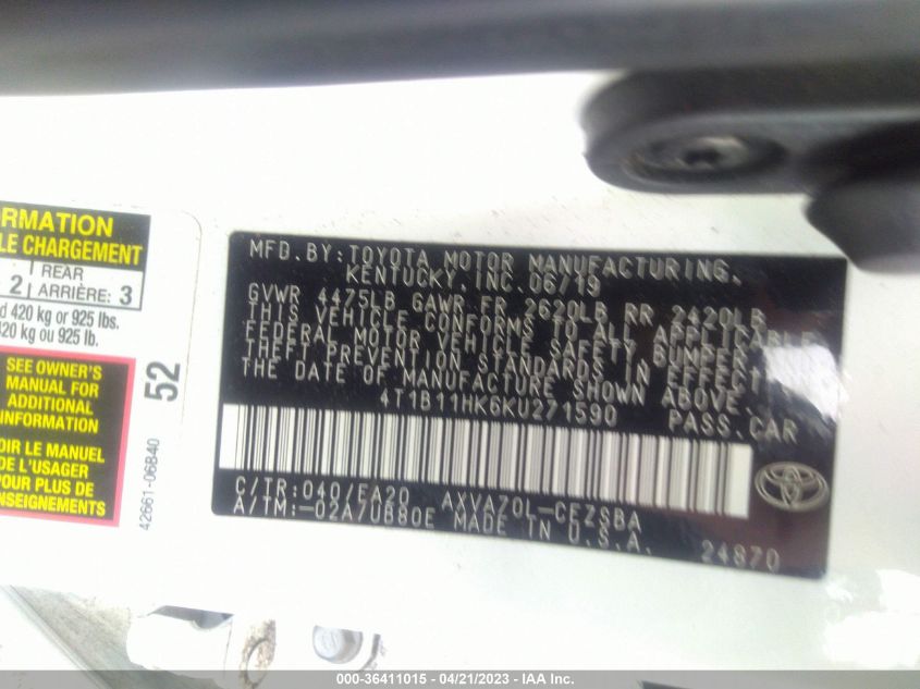2019 TOYOTA CAMRY LE/SE/XLE/L - 4T1B11HK6KU271590
