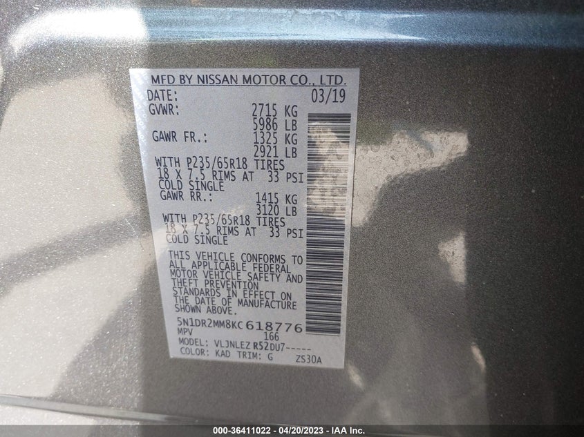 VIN 5N1DR2MM8KC618776 2019 NISSAN PATHFINDER SV