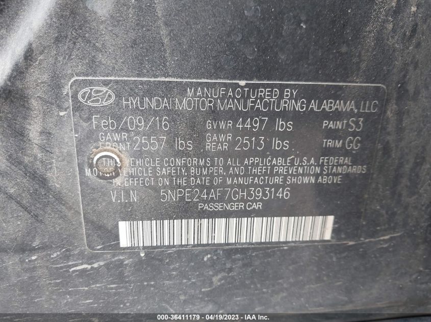 2016 HYUNDAI SONATA 2.4L - 5NPE24AF7GH393146