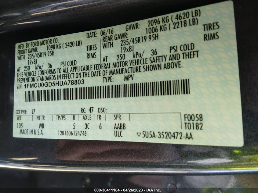 VIN 1FMCU0GD5HUA78803 2017 FORD ESCAPE SE