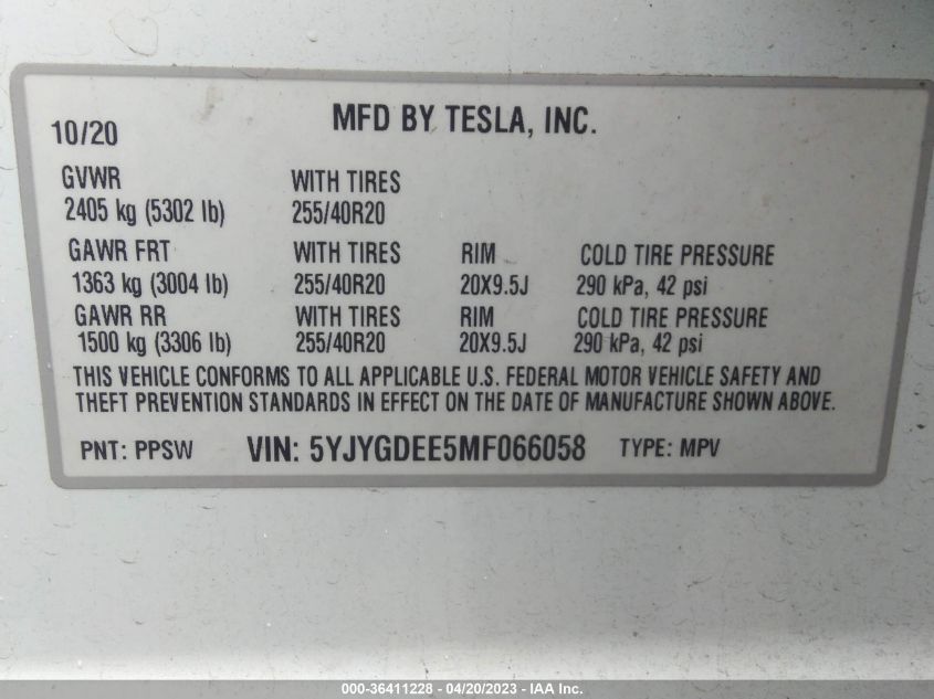 2021 TESLA MODEL Y LONG RANGE - 5YJYGDEE5MF066058