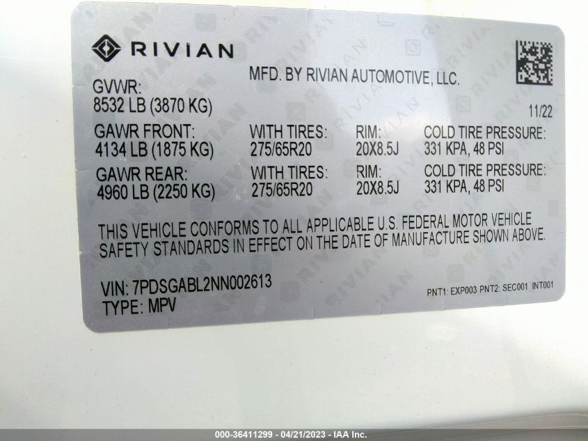 Auction sale of the 2022 RIVIAN R1S , vin: 7PDSGABL2NN002613, lot number: 36411299