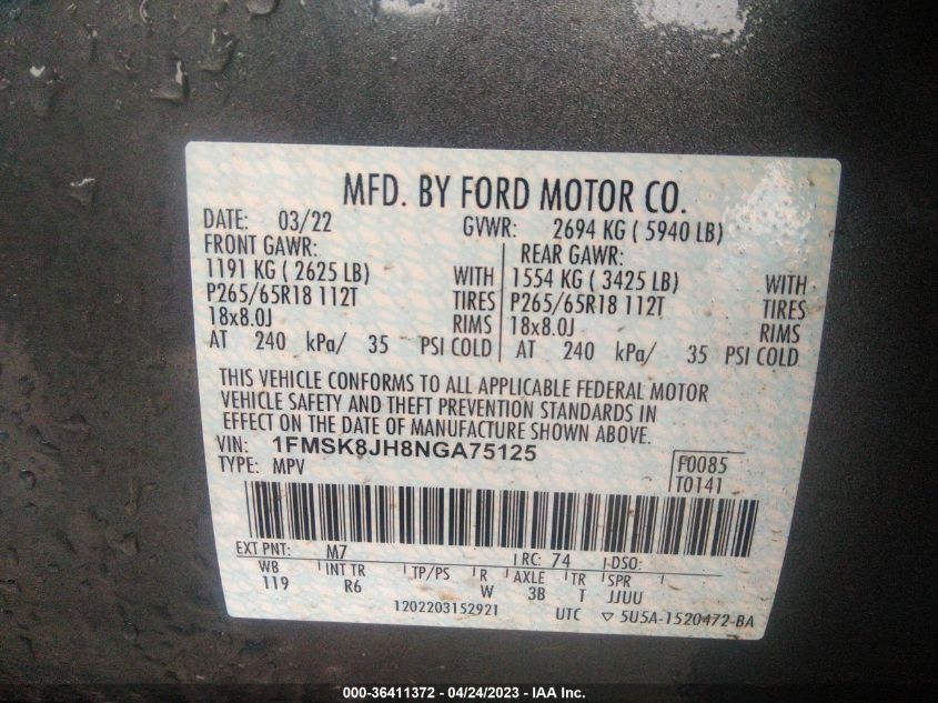 2022 FORD EXPLORER TIMBERLINE - 1FMSK8JH8NGA75125