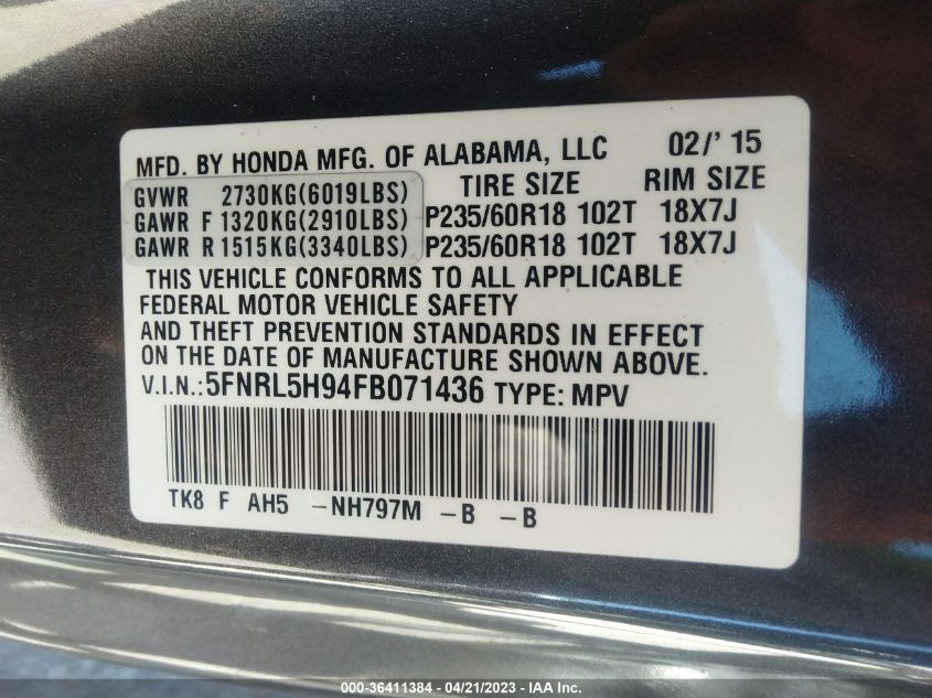 VIN 5FNRL5H94FB071436 2015 HONDA ODYSSEY no.9