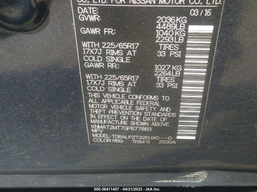 2016 NISSAN ROGUE S - KNMAT2MT7GP677883