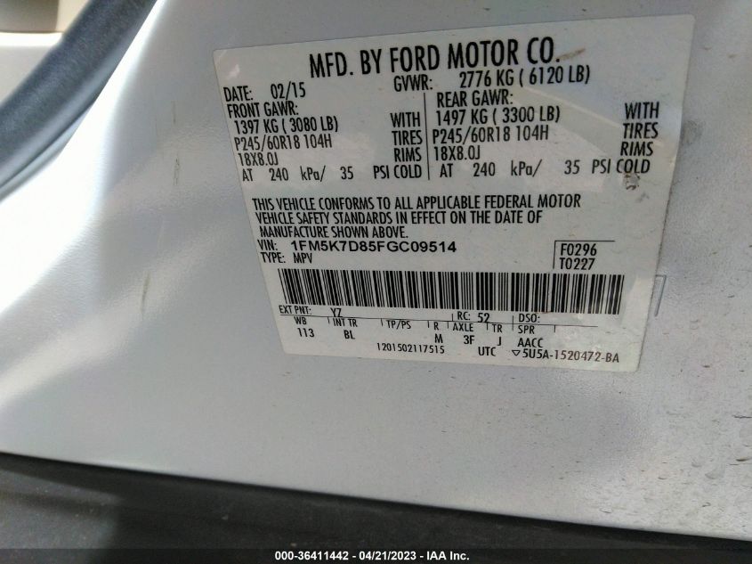 2015 FORD EXPLORER XLT - 1FM5K7D85FGC09514
