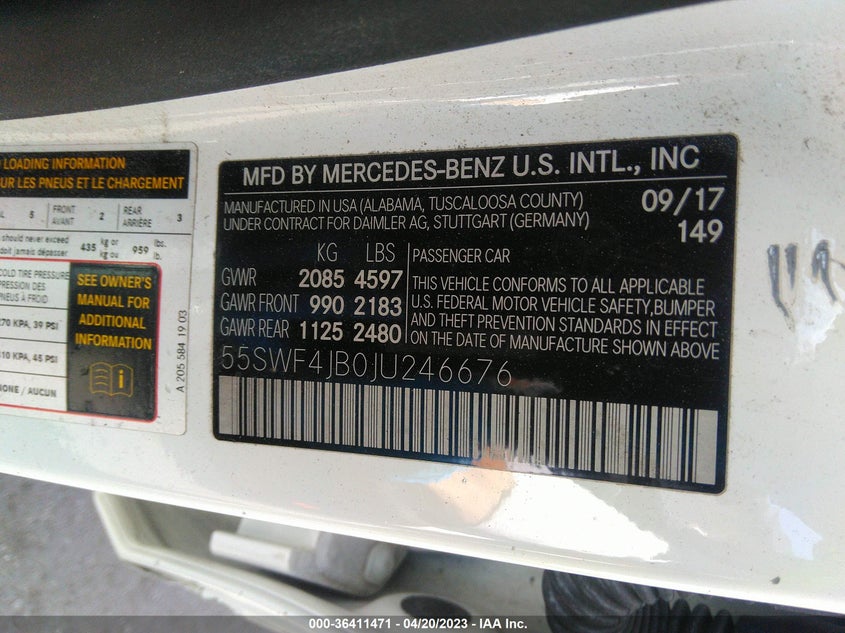 VIN 55SWF4JB0JU246676 2018 MERCEDES-BENZ C-CLASS C 300