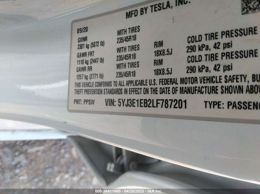 2020 TESLA MODEL 3 LONG RANGE - 5YJ3E1EB2LF787201