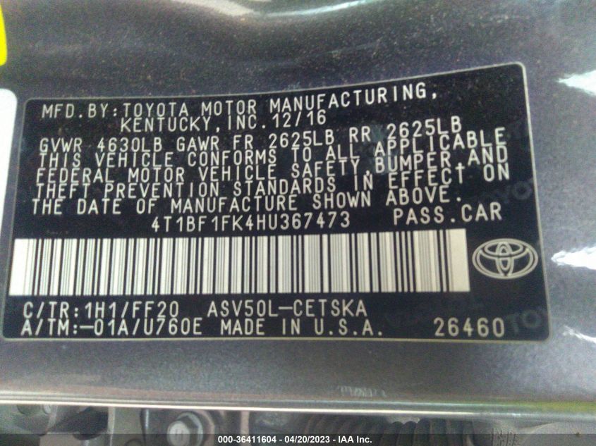 2017 TOYOTA CAMRY XLE/SE/LE/XSE - 4T1BF1FK4HU367473