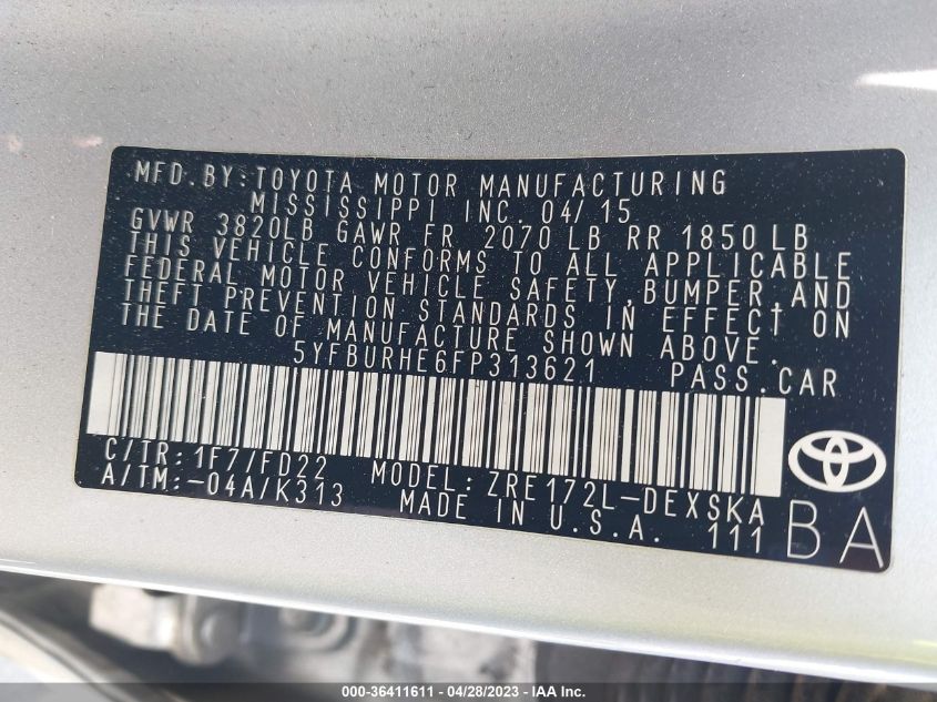 2015 TOYOTA COROLLA L/LE/S/S PLUS/LE PLUS - 5YFBURHE6FP313621