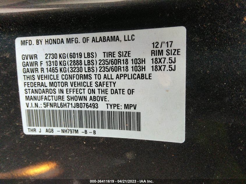 2018 HONDA ODYSSEY EX-L - 5FNRL6H71JB076493
