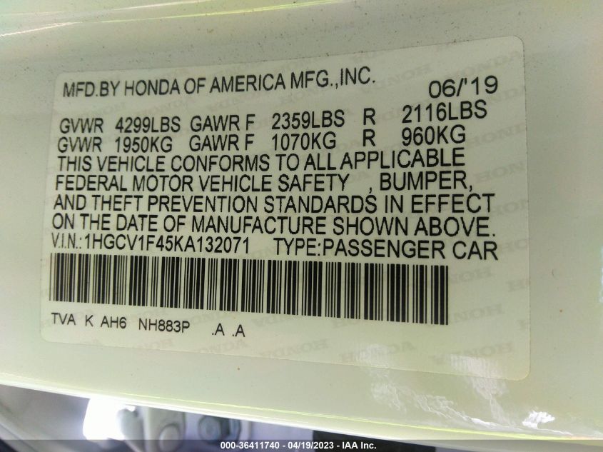 2019 HONDA ACCORD SEDAN EX 1.5T - 1HGCV1F45KA132071