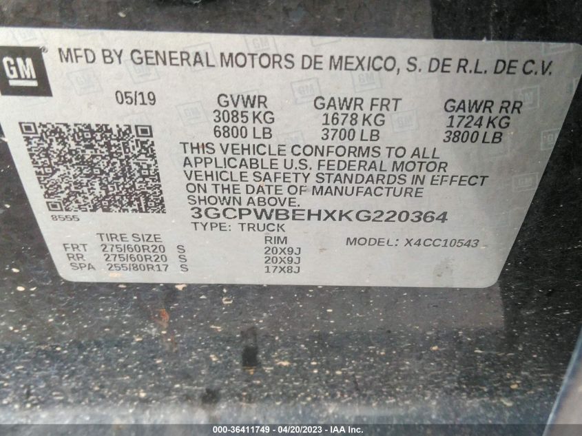 2019 CHEVROLET SILVERADO 1500 CUSTOM - 3GCPWBEHXKG220364